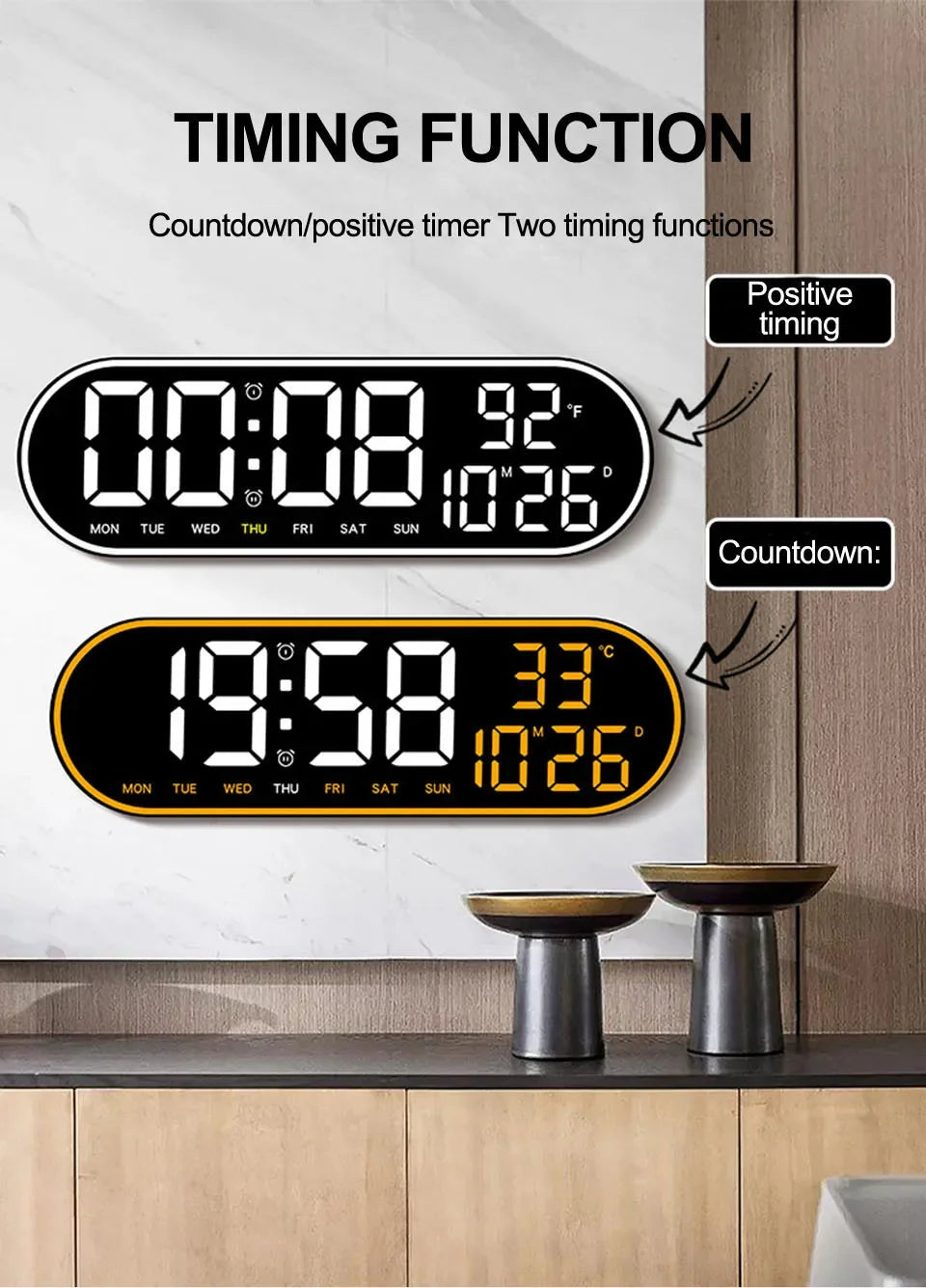 LED Digital Wall Clock Remote Control Electronic Mute Clock with Temperature Date Week Display 15-inch Timing Function Clock