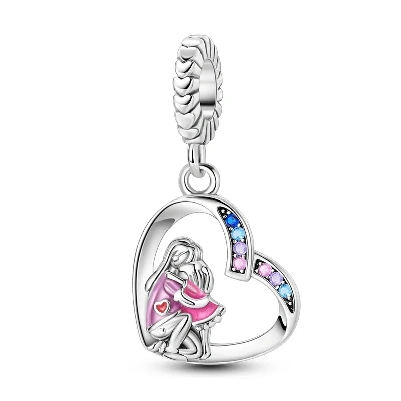 Hot Sales 925 Sterling Silver Pink Flower heart Ear Stud Ring Pendant Bead fit DIY Women's Bracelets Necklaces Jewelry Gifts