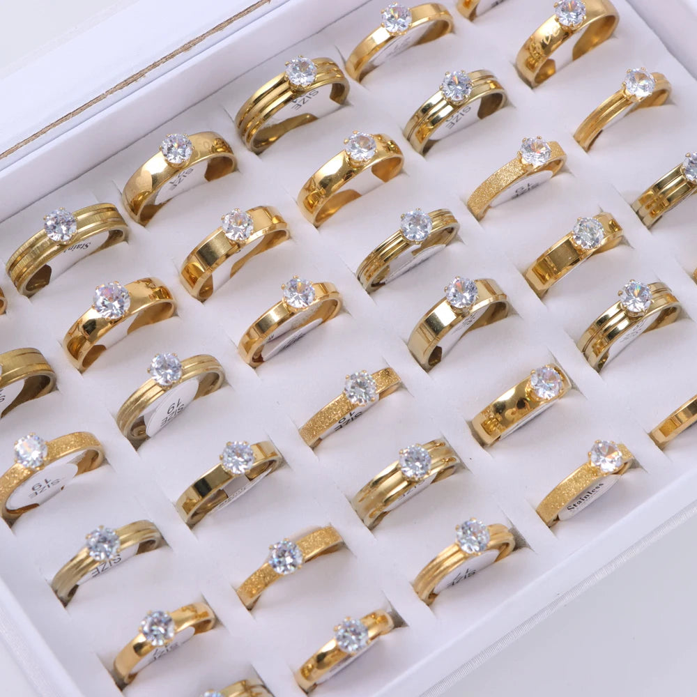 10/20/30/50Pcs/Lot Fashion Elegant Inlaid Stainless Steel Ring With Rhinestone High-end Women's Proposal Engagement Jewelry Gift