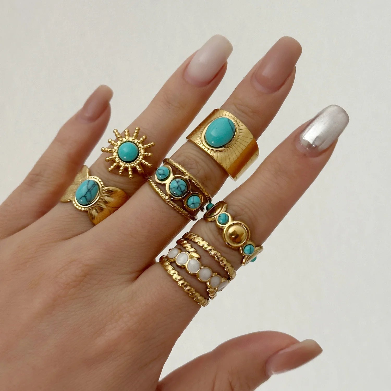 Stainless Steel French Vintage Ethnic Color Gemstone Ring for Women Punk Personality Stackable Open Finger Ring Hand Jewelry