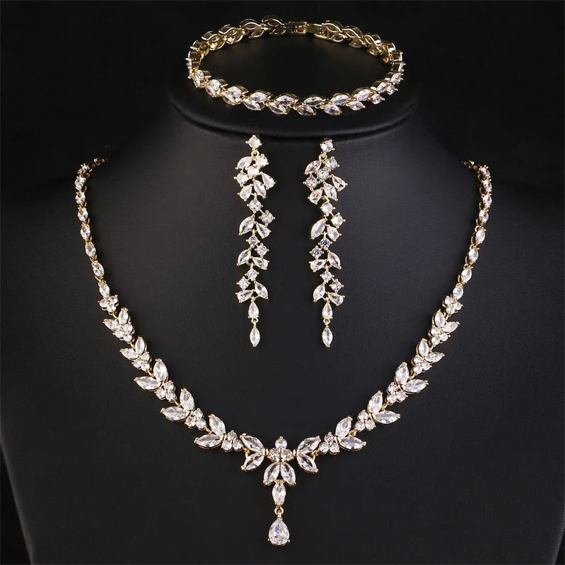 ZAKOL Luxury Cubic Zirconia Necklace Earrings Rings Set for Women Shinny Water Drop Leaf CZ Bridal Wedding Jewelry Sets