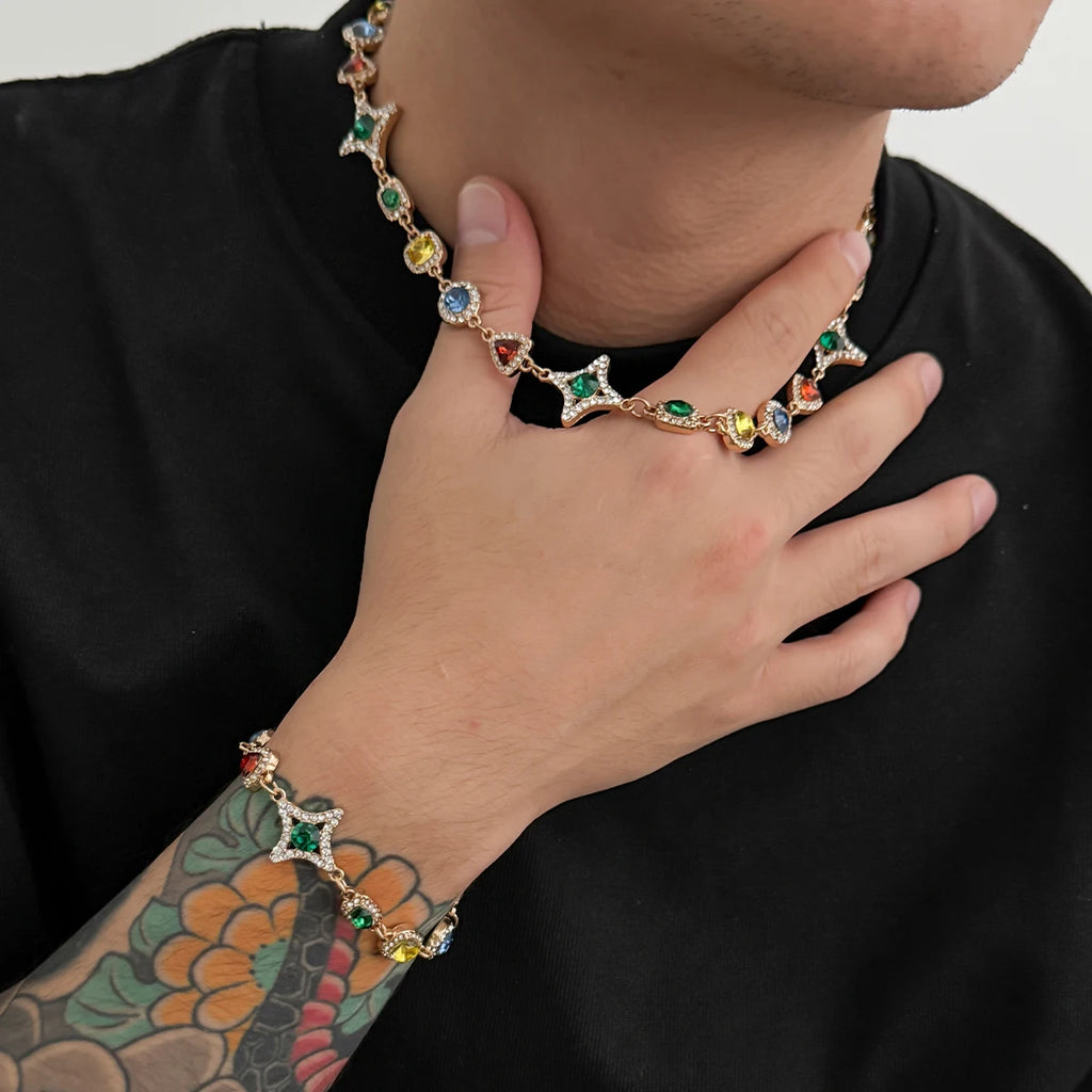 Ingemark Boho Luxury Colorful Crystal Chain Necklace Bracelet for Men Exquisite Creative Adjustable Link Couple Jewelry Set New