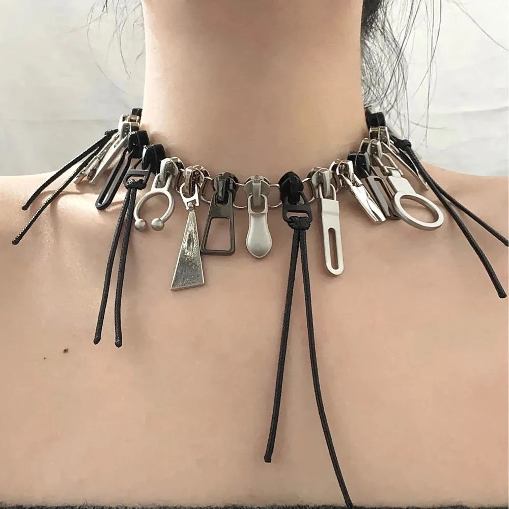 Cyber Punk Zipper Necklace Fringe Chain Head Y2k Hip Hop Choker Men's Women's Fashion Personality Jewelry Accessories