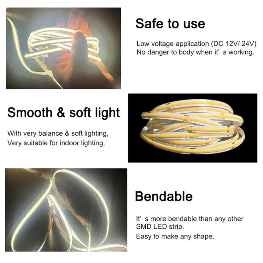 DC 12V 24V COB Strip 320Leds/480LedsM High Density RA90/RA95 Pink Yellow Ice Blue Red Green Flexible Ribbon Rope FOB LED Light