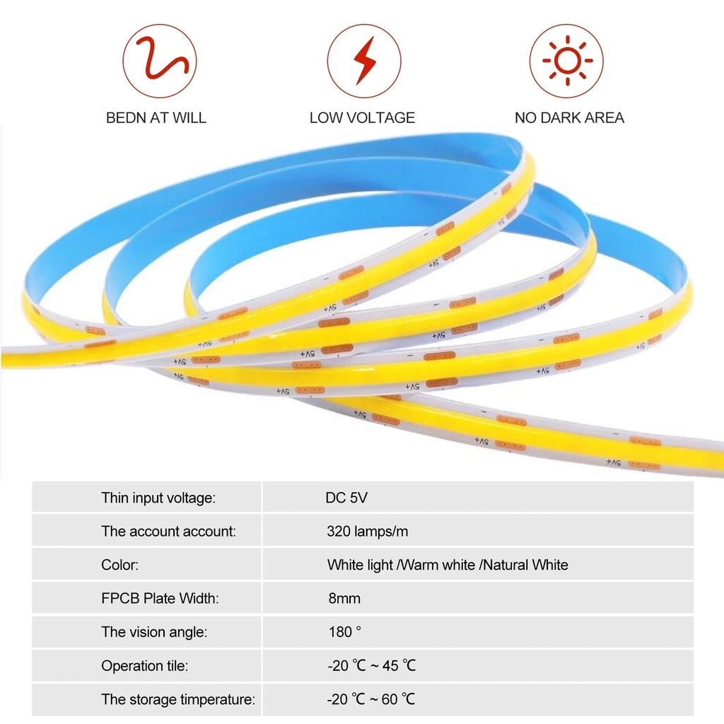 8MM COB LED Strip Light 5V 320LEDs/M Motion Sensor Dimmable Flexible LED Tape Ribbon USB/Battery Powered DIY Backlight for Room