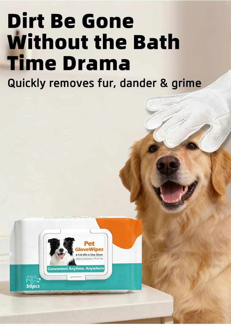 50 Pcs/Bag Pet No-Rinse Gloves, Disposable Dry-Clean Wipe Mitts Specially for Cats and Dogs, Convenient and Time-Saving