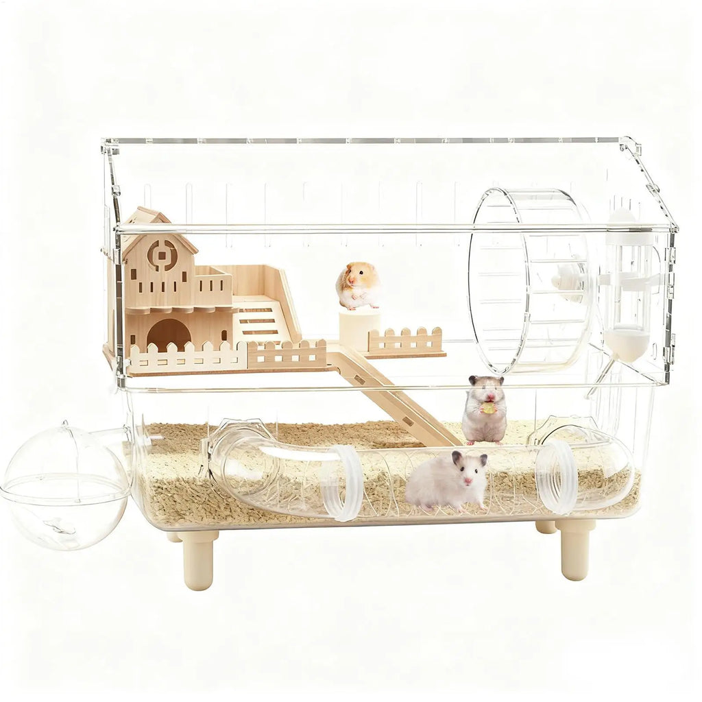 Hamster Habitat 2-Layer Clear Habitat 17.7x11x13.3 Inch Acrylic Small Animal House for Monitoring Breeding Hedgehog Ferret