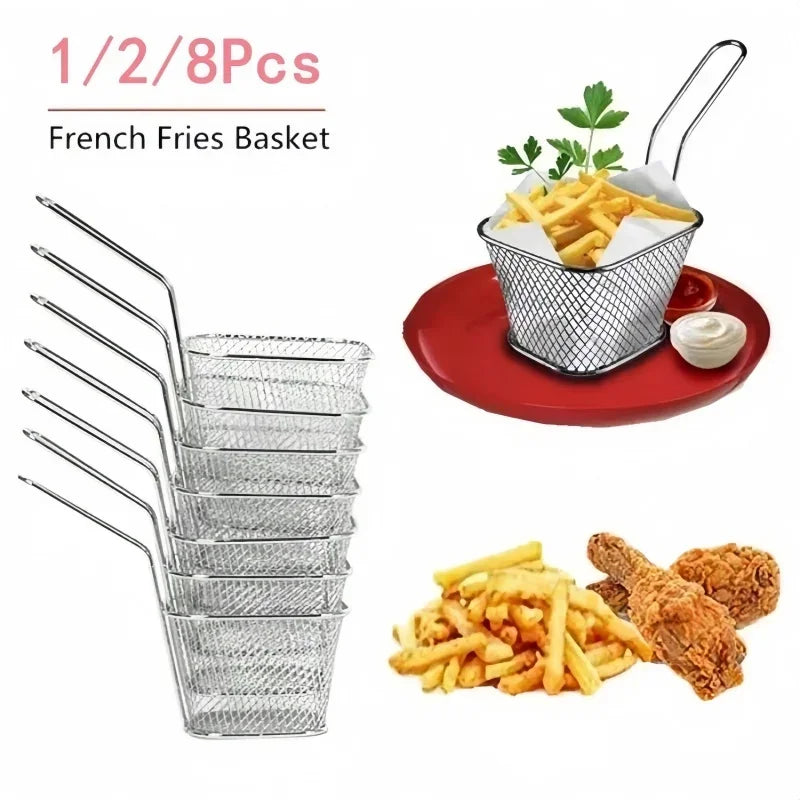 1/2/8Pcs Stainless Steel French Fries Basket Mesh Kitchen Frying Tools Colander Mini Chips Fryer Cooking Frying Basket Strainer