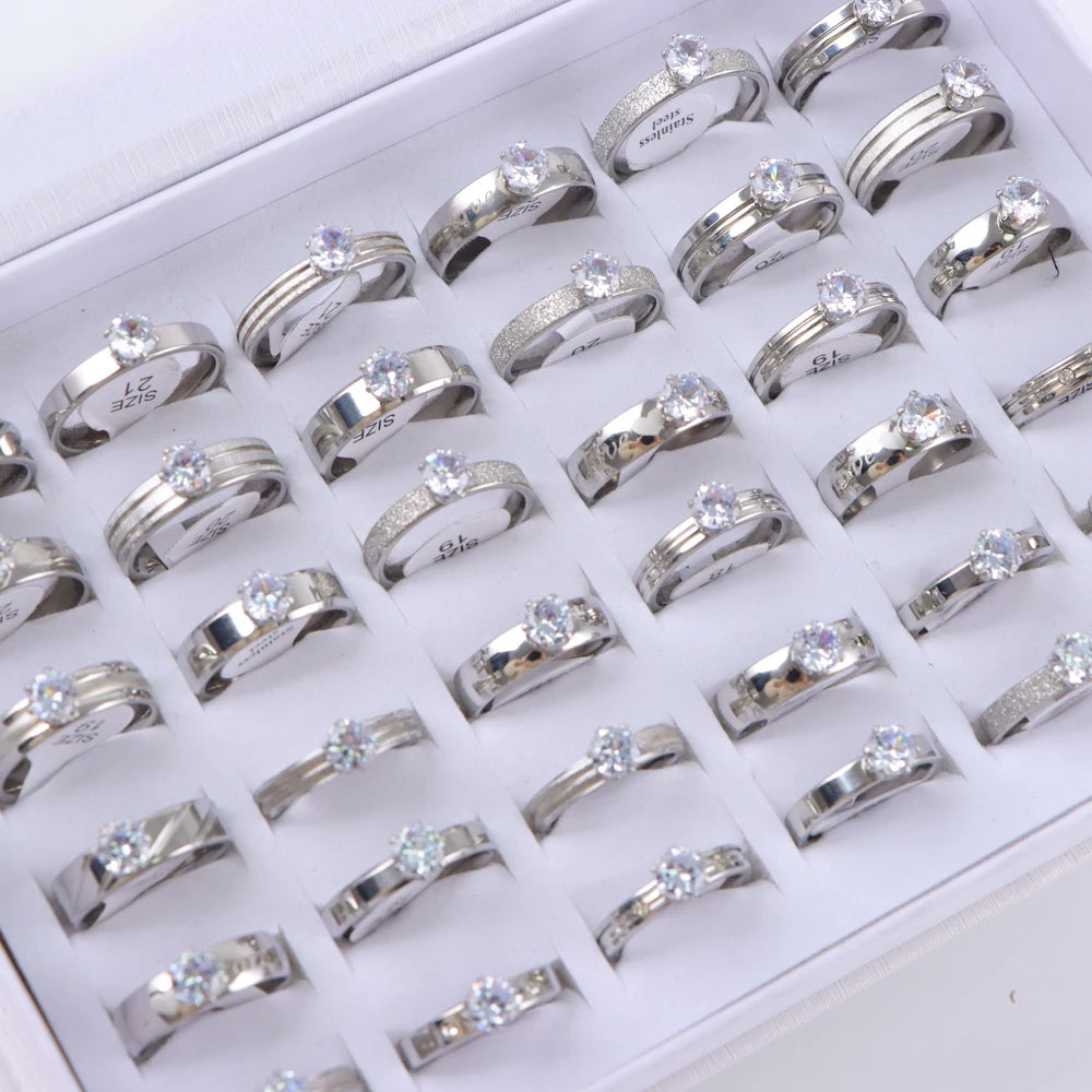 10/20/30/50Pcs/Lot Fashion Elegant Inlaid Stainless Steel Ring With Rhinestone High-end Women's Proposal Engagement Jewelry Gift