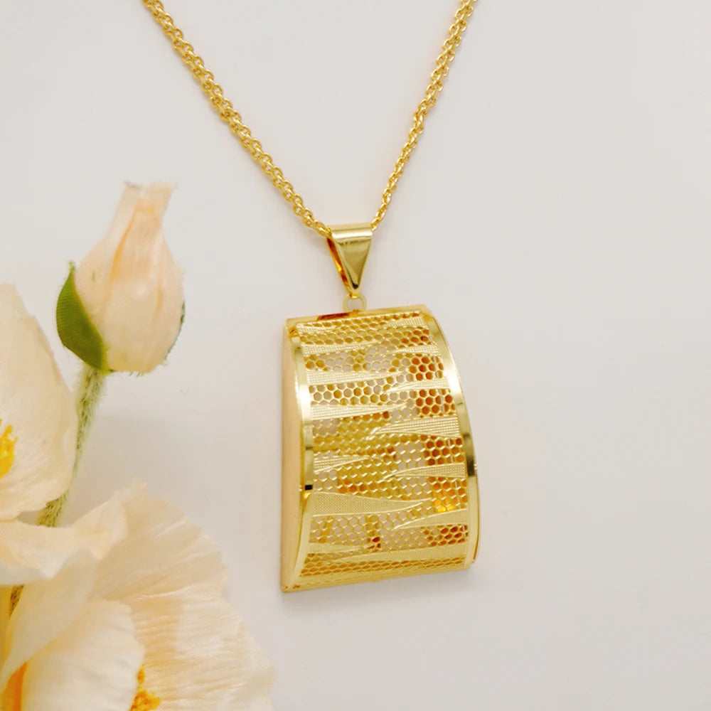 Fashion Dubai Jewelry Sets Gold Color Pendant Copper Classic Earrings Necklace For Women Daily Wear Party Anniversary Gifts