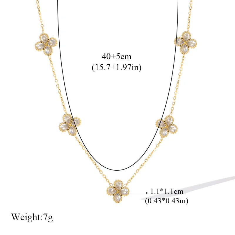 GANEMLY Stainless Steel  Sparkling White Zircon Flower Necklace Bracelet Earrings Set For Women Trendy Waterproof Jewelry Gift