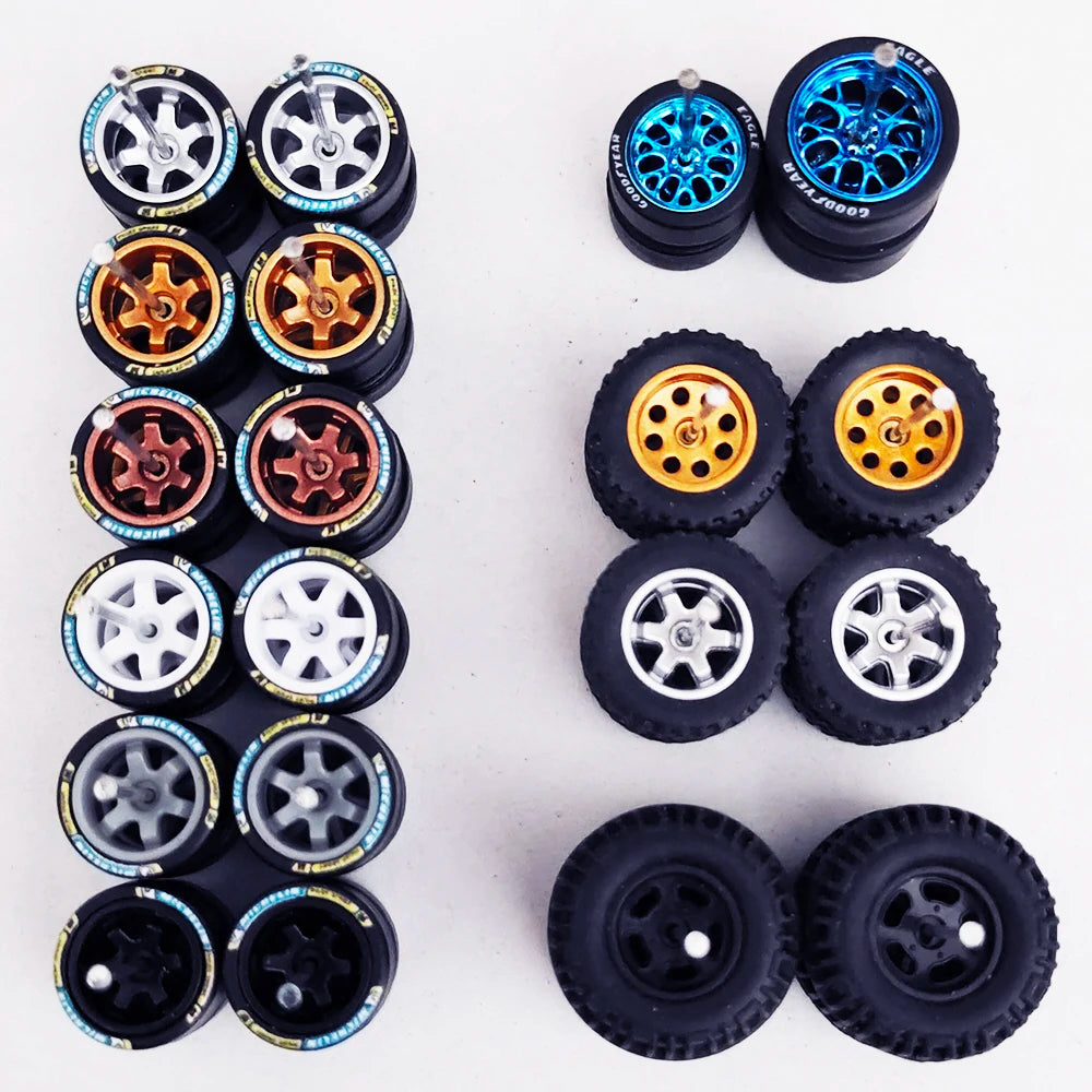 10 Sets 11/12/13/14/17mm 1/64 Alloy Car Wheels Rubber Tires W Axle for HW/Matchbox/Domeka/Evo 1:64 Car Model SUV Off Road Truck