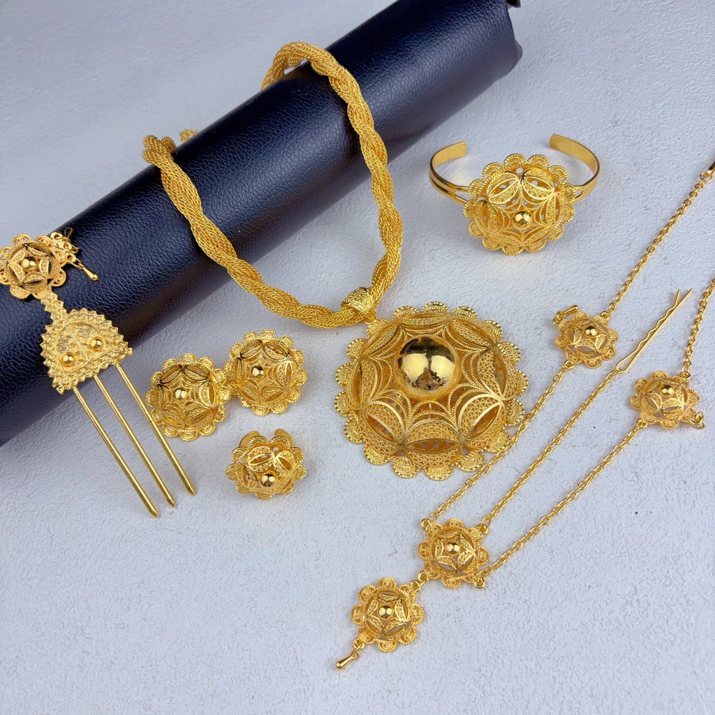 Ethiopian Dubai 24k Plated Gold 6PCS Jewelry Set For Woman African Indian Big Pendant Necklace Wedding Engagement Gifts