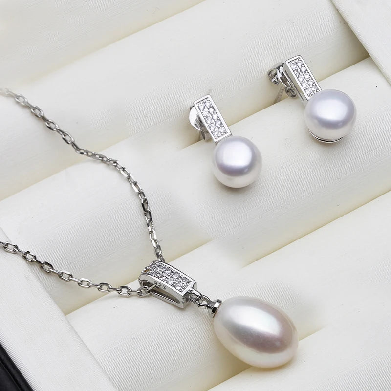 Beautiful 925 Silver Natural Freshwater Pearl Necklace and Earrings Jewelry Set For Women Wife Mother Engagement White Black