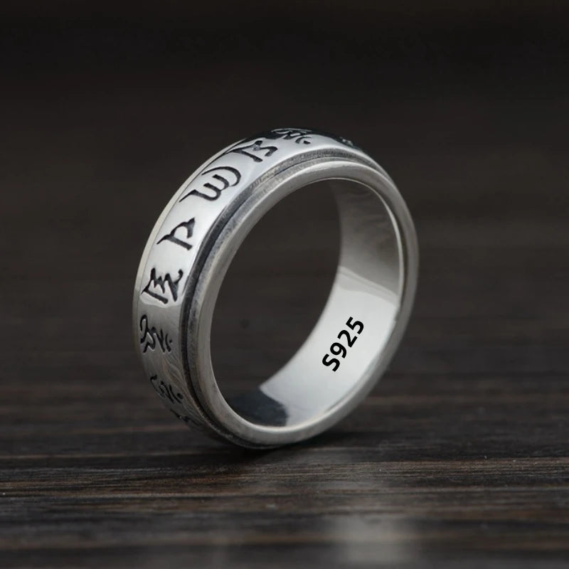 Factory Price S925 Silver Sanskrit Mantra Rotating Men's Ring Literary Simplicity Retro Personality Ring Jewelry Creativity Gift