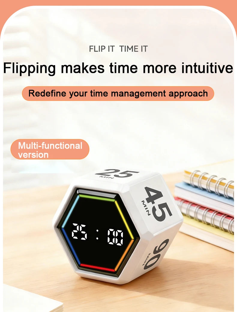 YS-1088 Productivity Flip Timer Gravity Sensor Countdown Visual Timer 6 Preset Time LED Display Cube Kitchen Timer Alarm Clock