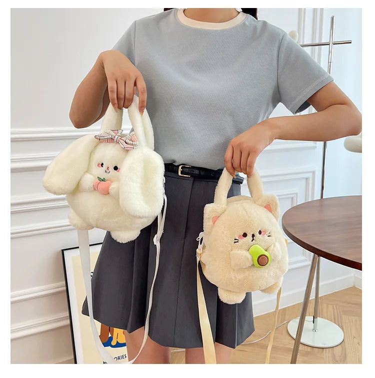 New Rabbit Kitten Plush Toy Backpack Stuffed Animal Rabbit Hold Peach Cat Hold Avocado Portable Shoulder Bag Girl Birthday Gifts