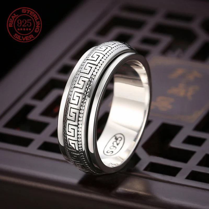Factory Price S925 Sterling Silver Movable Great Wall Pattern Ring Men Women Real Silver Double-layer Rotatable Rings Jewelry