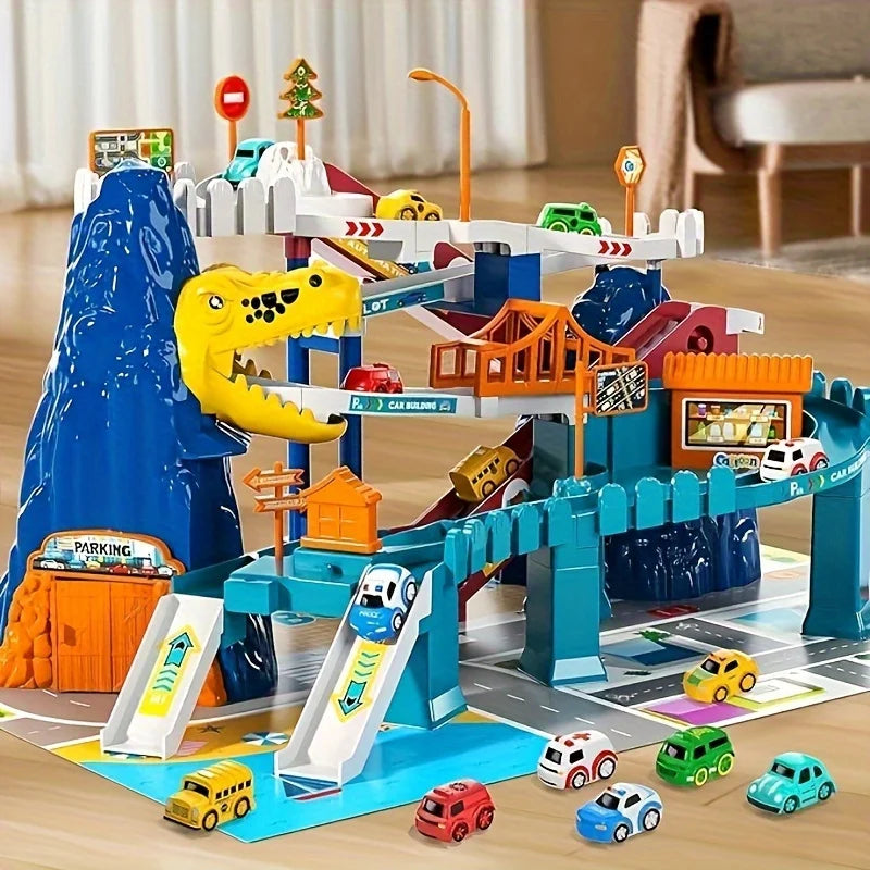 Children's Dinosaur Mountain Climbing Track Car Set with 5 Colorful Vehicles Sound Light Electric Transmission Ideal Birthday Gi