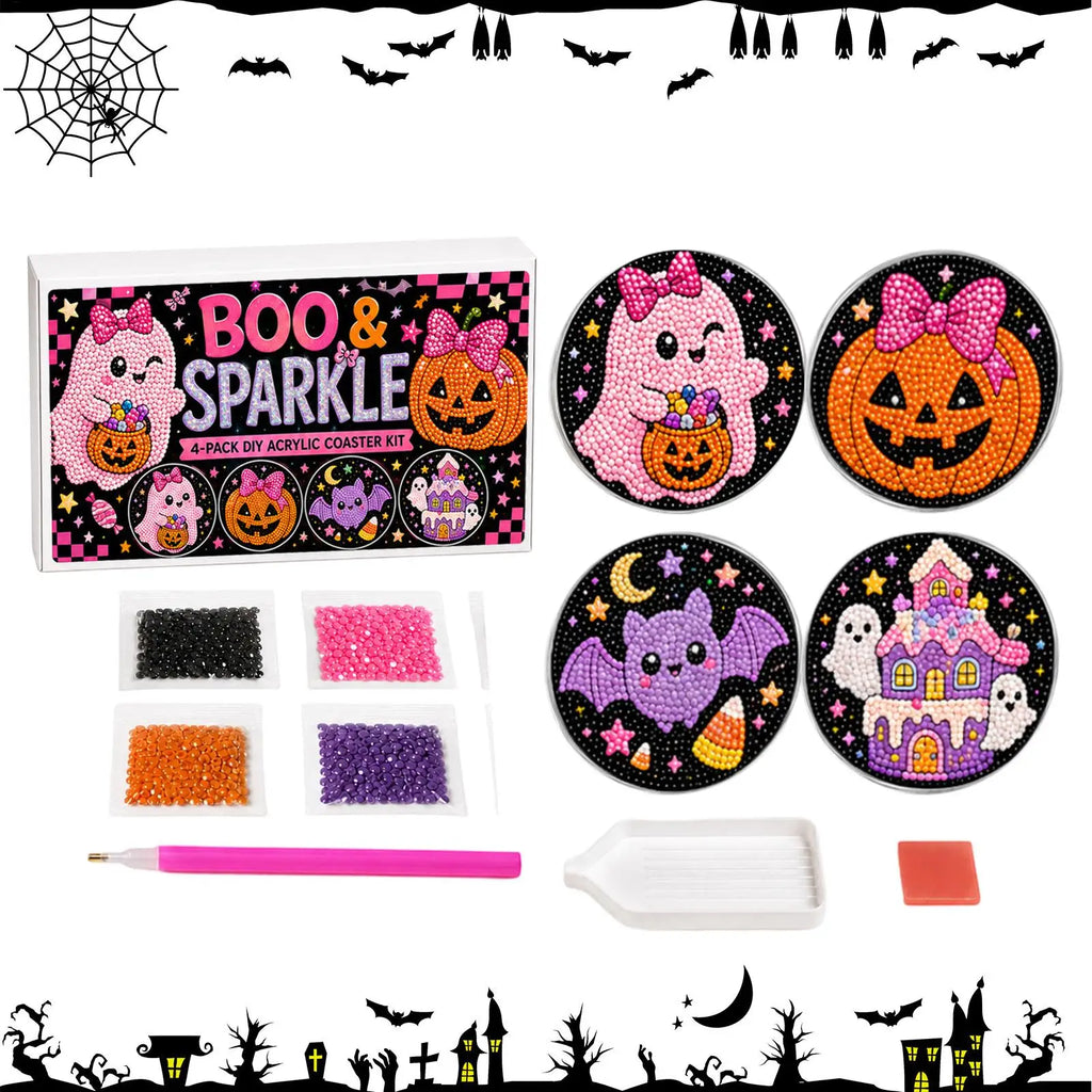 Halloween Pearl Painting Bead Kit DIY Spooky Ghost Witch Acrylic Non-Slip Coaster Making Pearl Art Craft Set for Adults Beginner