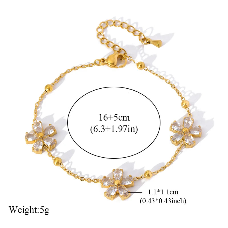 GANEMLY Stainless Steel  Sparkling White Zircon Flower Necklace Bracelet Earrings Set For Women Trendy Waterproof Jewelry Gift