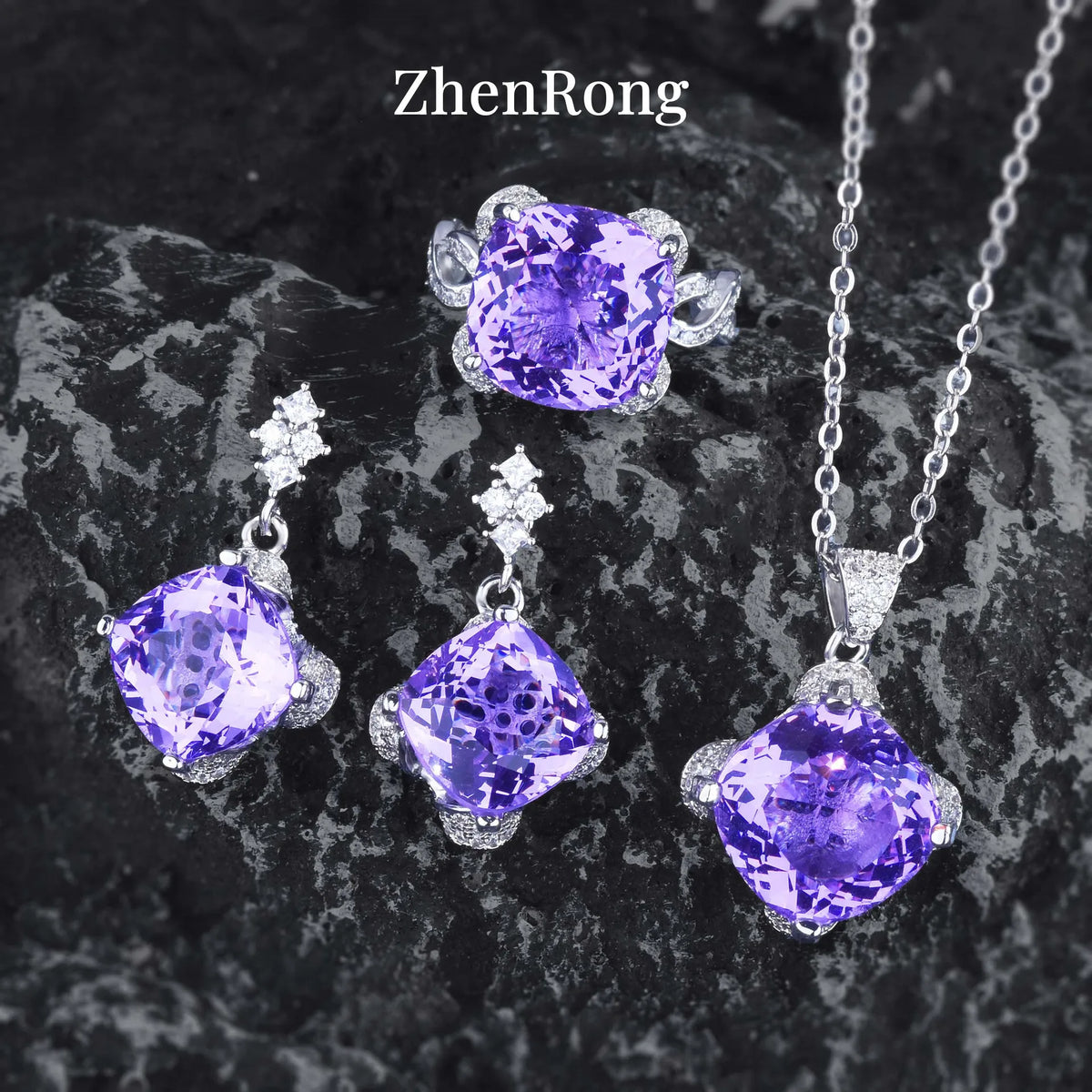 New Women Luxury Simple Bridal Wedding Jewelry Sets 15 Carat Artificial Blue Green Moissanite Pendant Necklaces Earrings Rings