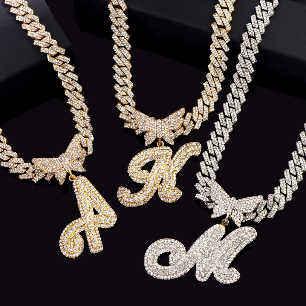Men Women 14MM Cuban Chain Crystal Butterfly Initials Name Pendant Necklace Iced Out Cursive Letters Rapper Necklace Jewelry New