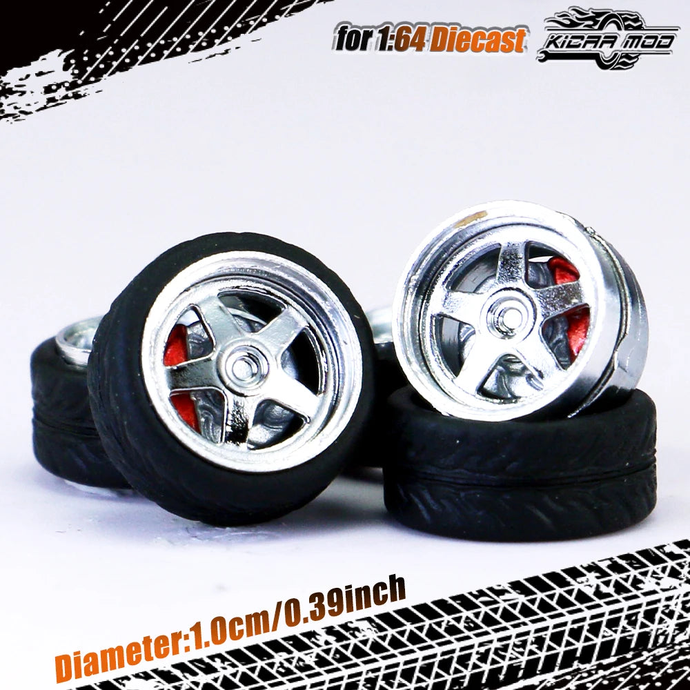 Kicarmod 1/64 Model Car ABS Wheels with Rubber Tire Brake Disc Metal Rims Diameter 10mm Refitting Parts For Model Car
