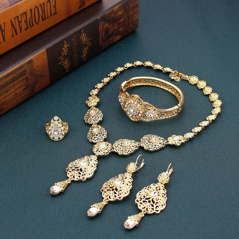 Arabic Jewelry Sets Morocco Choker Necklace Dangler Earring Bracelet Ring Gold Color Ethnic Women Charm Bijoux