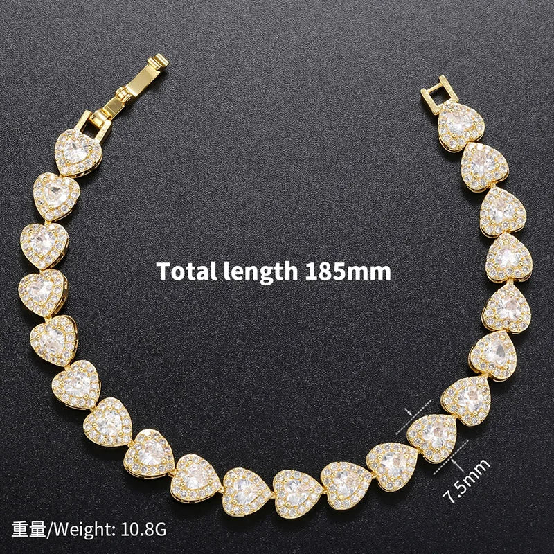 HECHENG, CZ Heart Tennis Link Chain Bracelet Necklace For Women Birthday Gifts Iced Out Bling CZ Paved Love Heart Sweet Bracelet