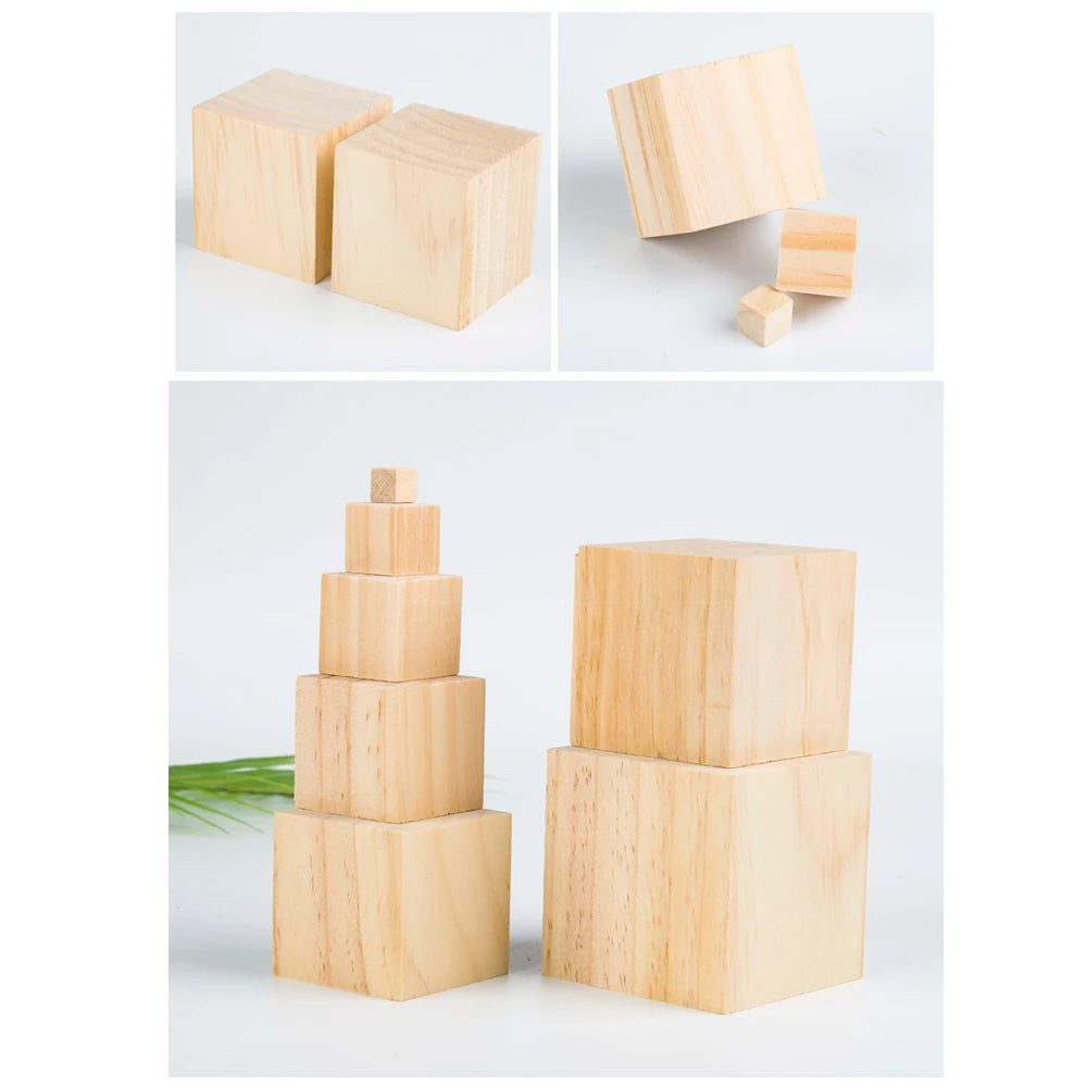 10pcs Natural Wooden Cube Building Block Unfinished Blank Handmade Material Woodwork Craft Kindergarten Model