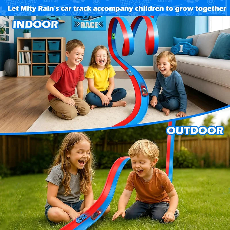 3-Lane Flexible Race Tracks Toy Kid Flex Race Track Vehicle Playsets Compatible 1/64 Cars Portable Roll Up Ramp Tracks Boys Gift