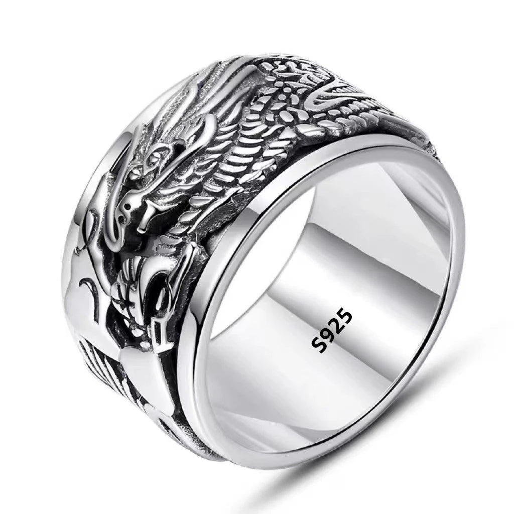 12mm Width Real S925 Sterling Silver Lucky Dragon Double Layer Rotatable Closed Dragon Ring For Man Woman Fiine Jewelry Gift