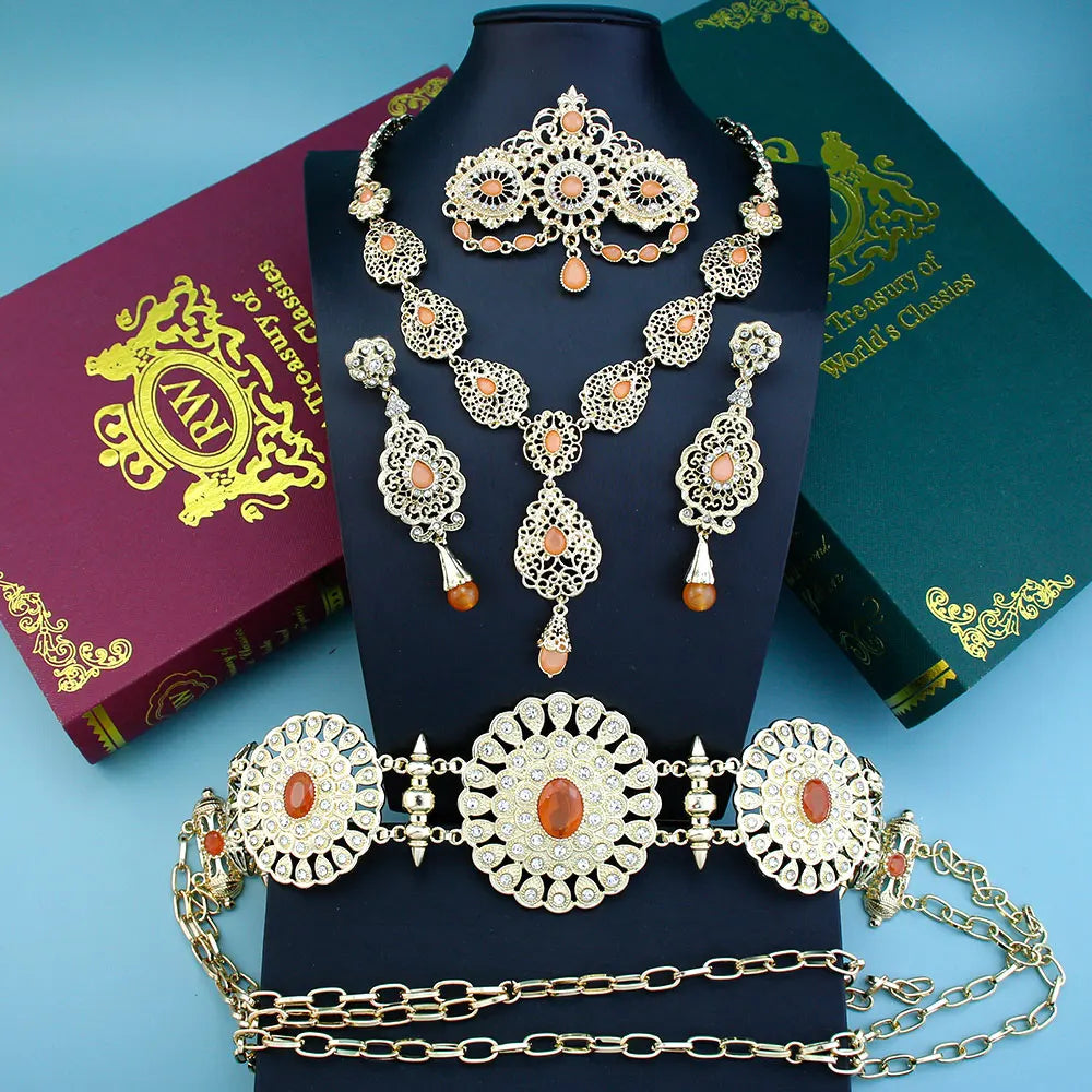 Sunspicems Chic Arabic Bride Jewelry Sets For Women Gold Color Crystal Morocco Belt Necklace Caftan Brooch Earring Muslim Sets