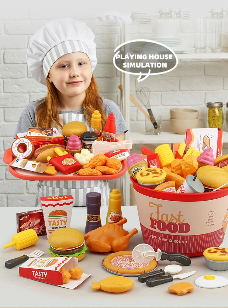 Children Food Kitchen Toys Set Girl Pretend Play House Simulation Bread Burger Pizza Cooking Game Kitchen Play Props Accessories