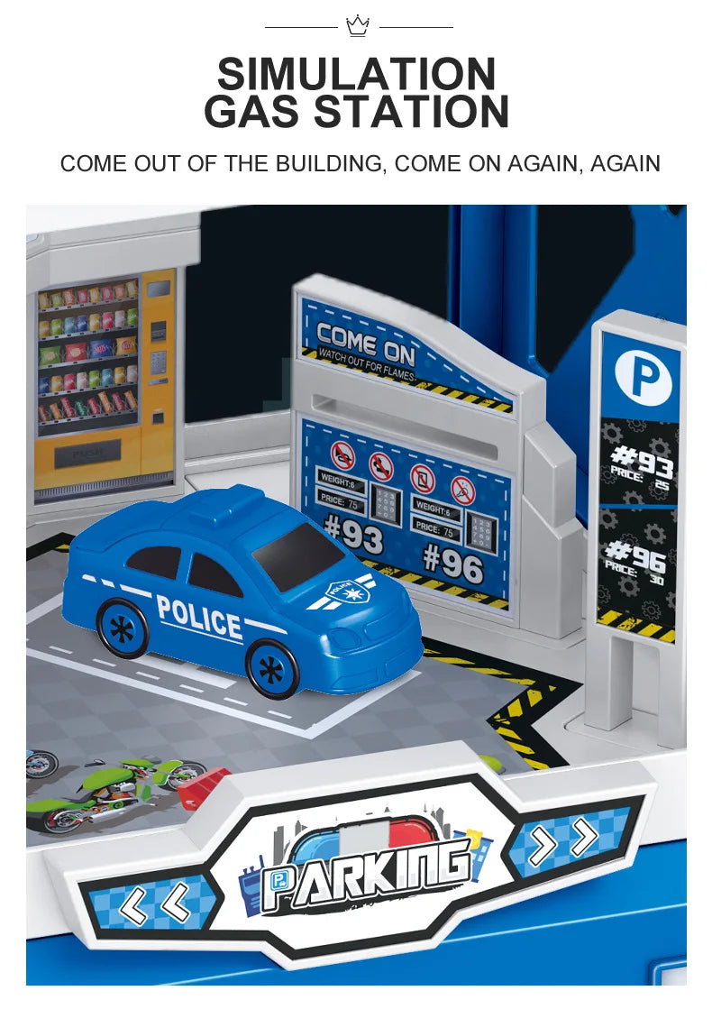 Kids Racing Track with Mini Cars Sliding Parking Lot Toys Multi-Storey Car Parking Fire Police Engineering Vehicle Boy Xmas Gift