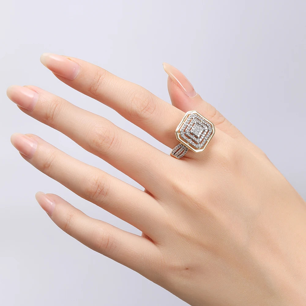 Square hollow design inlaid zircon earrings and ring set retro fashion jewelry copper plated 14K gold banquet holiday decoration