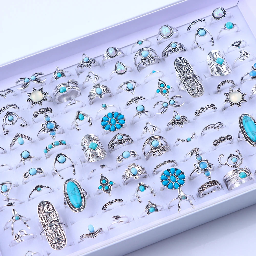 10/20/30/50/100Pcs/Lot Retro Punk Bohemian Rhinestone Carve Rings For Women Mix Style Jewelry Party Gifts Accessories Wholesale