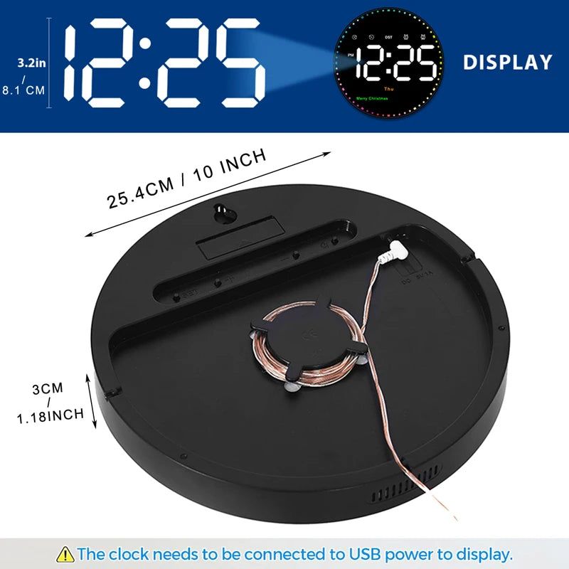 LED Wall Clock with Dual Alarms, Calendar and Temperature Display for Home Decoration. Brightness Adjustable