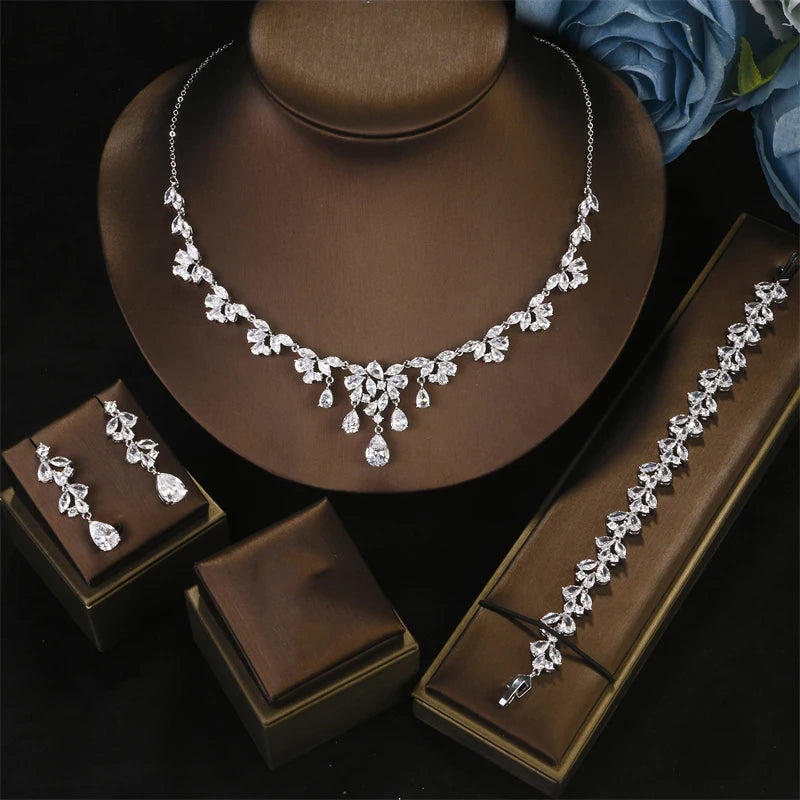 ZAKOL Luxury Cubic Zirconia Necklace Earrings Rings Set for Women Shinny Water Drop Leaf CZ Bridal Wedding Jewelry Sets
