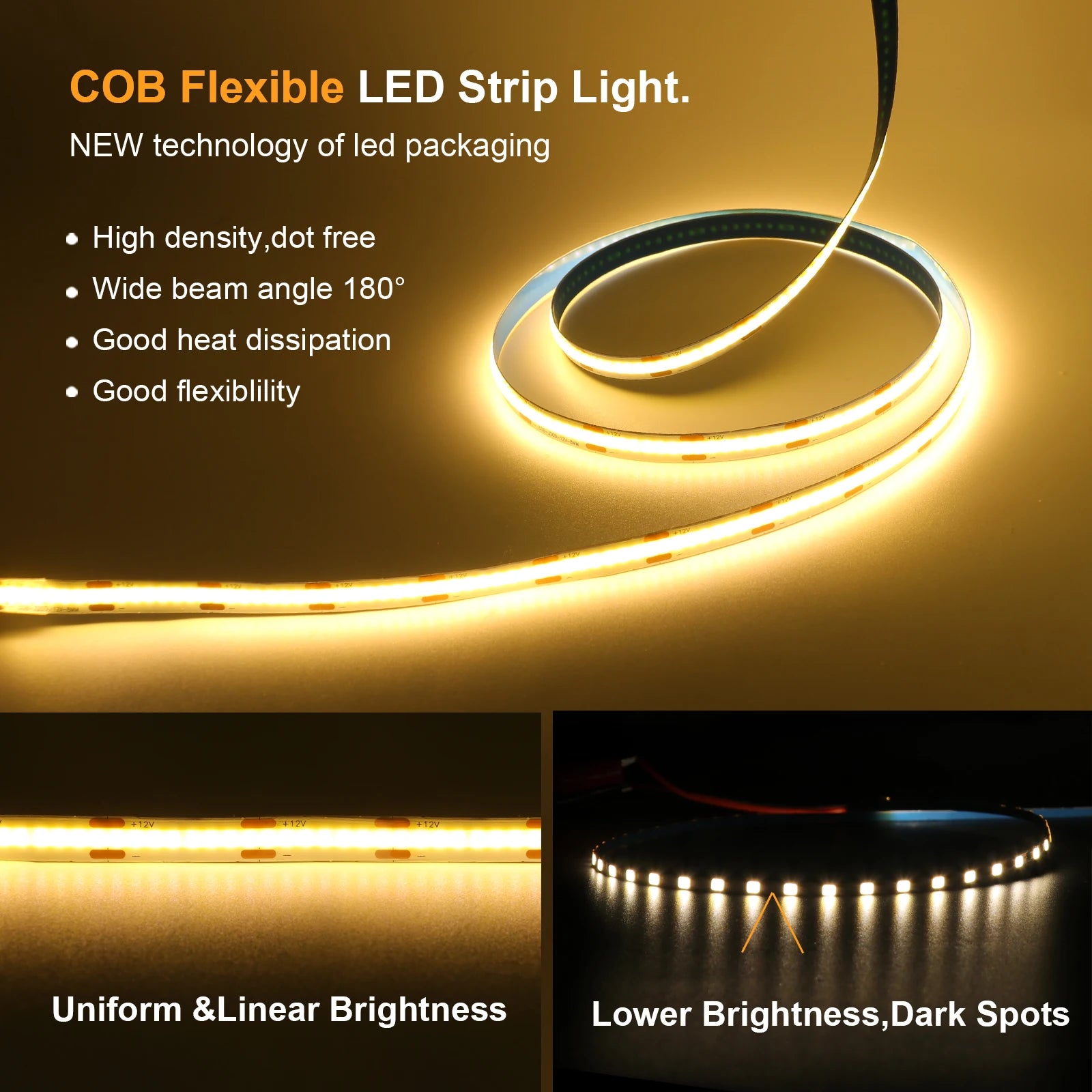 DC 12V 24V COB Strip 320Leds/M High Density RA90 White Pink Yellow Ice Blue Red Green Flexible Ribbon Rope LED Light