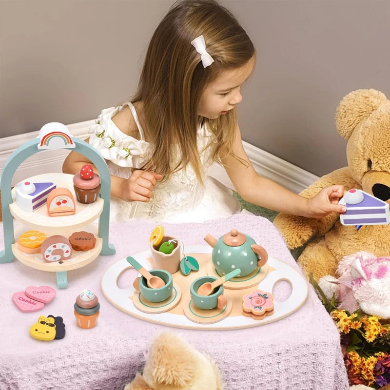 Girls Toys Wooden Afternoon Tea Set Children's Toy Kitchen  Pretend Play Set Toaster Coffee Maker Ice Cream Kids Educational Toy