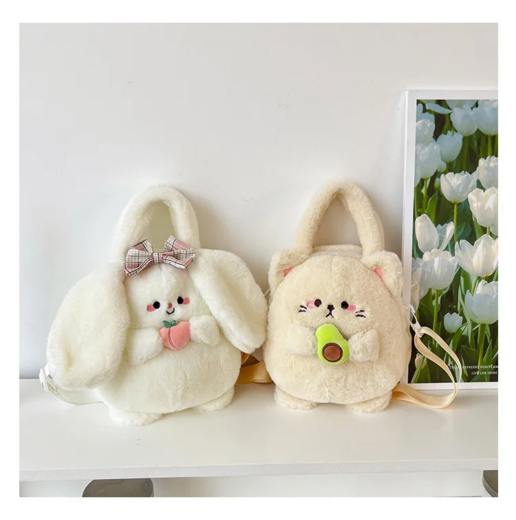 New Rabbit Kitten Plush Toy Backpack Stuffed Animal Rabbit Hold Peach Cat Hold Avocado Portable Shoulder Bag Girl Birthday Gifts