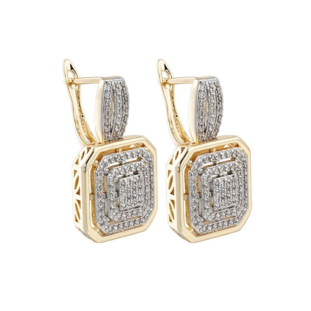 Square hollow design inlaid zircon earrings and ring set retro fashion jewelry copper plated 14K gold banquet holiday decoration