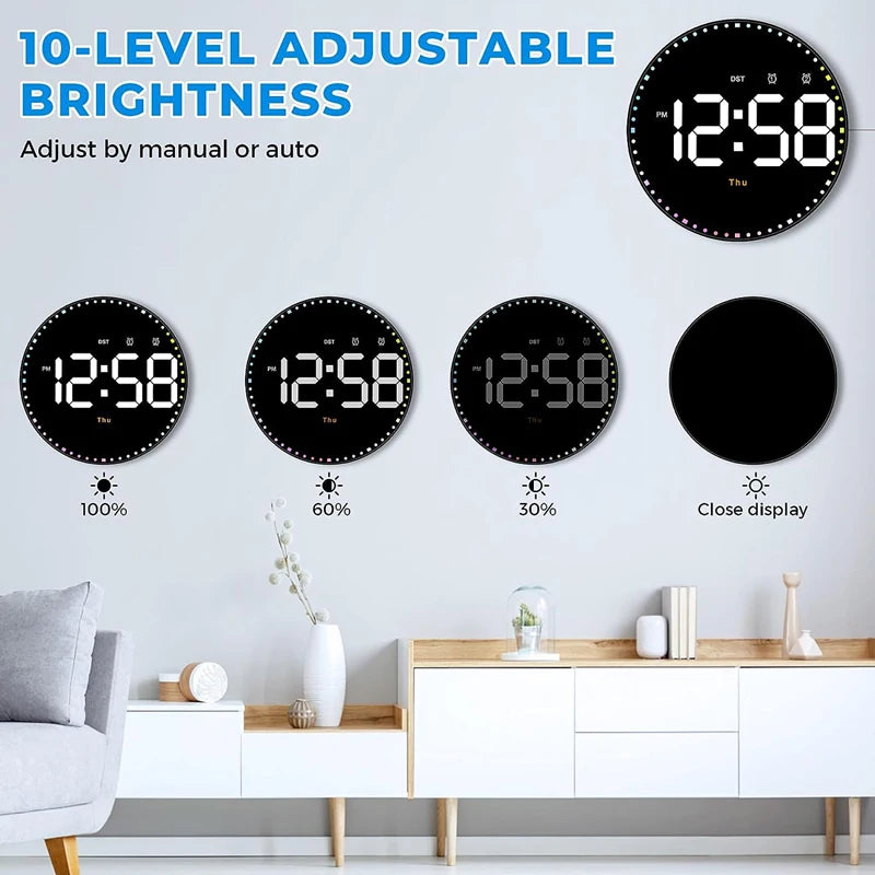 LED Wall Clock with Dual Alarms, Calendar and Temperature Display for Home Decoration. Brightness Adjustable