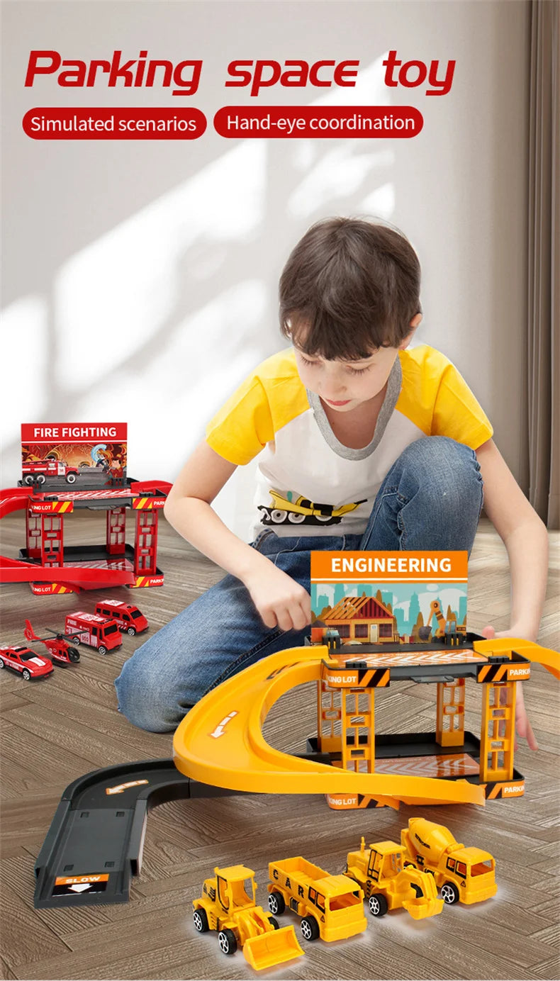 Track Parking Lot Toys Multi-Storey Rail Car Parking Building Fire Police Engineering Vehicle Car Children's Toys
