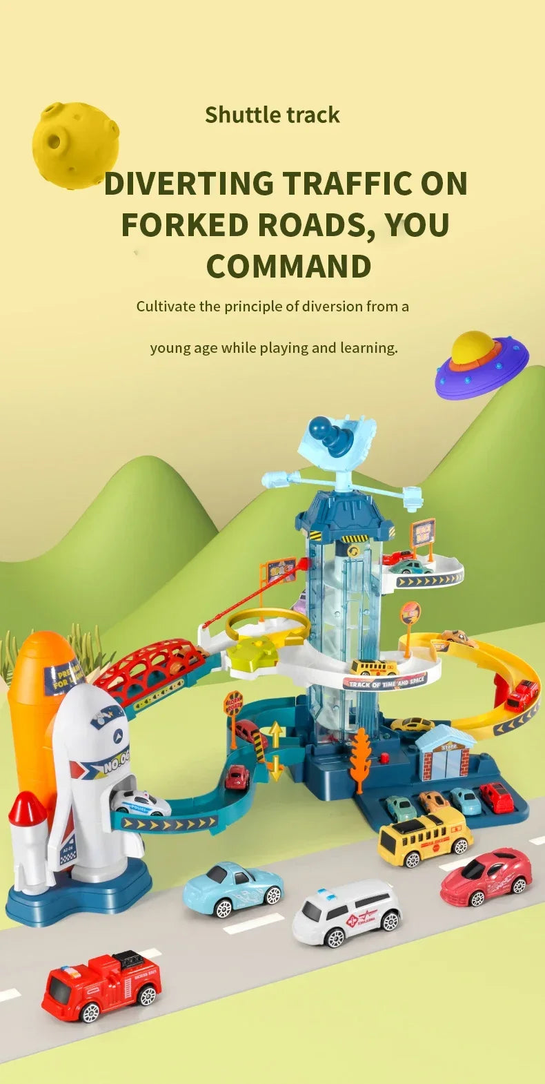 Light Up Space Rocket Shuttle Track Playset Multi Layer Orbital Adventure Obstacle Race Car Parking Garage Toy Ideal Gift