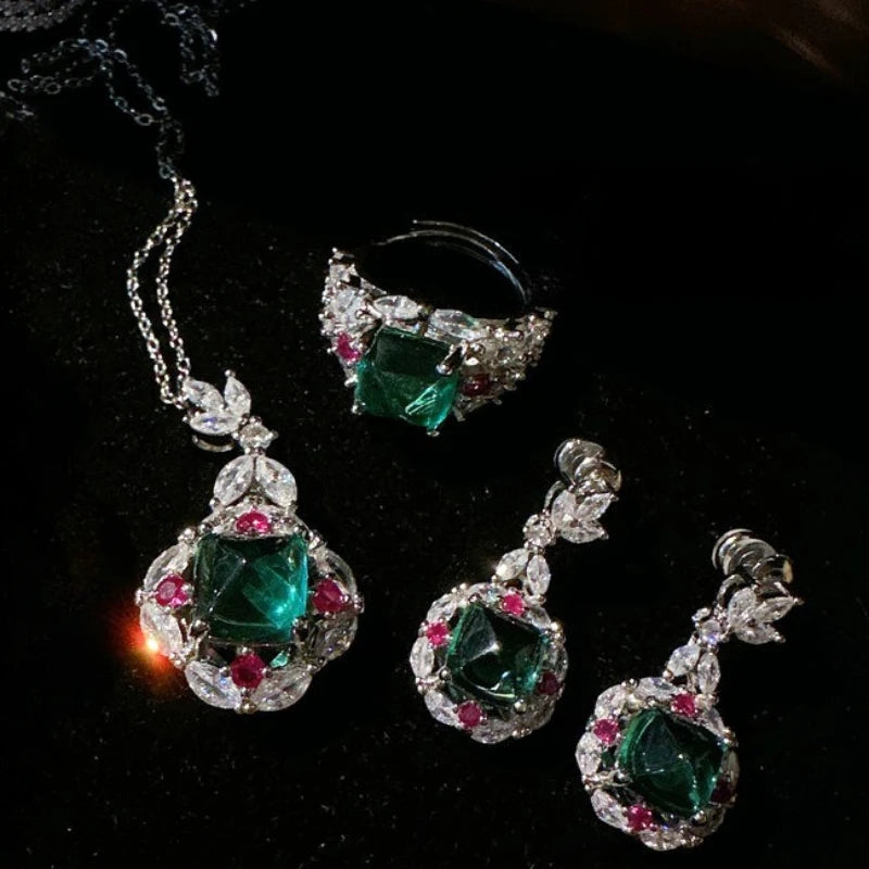 Luxury Vintage Tourmaline Lab Emerald Jewelry Sets for Women Platinum Plating Green Gemstone Inlady Trendy Ring/Earring/Necklace