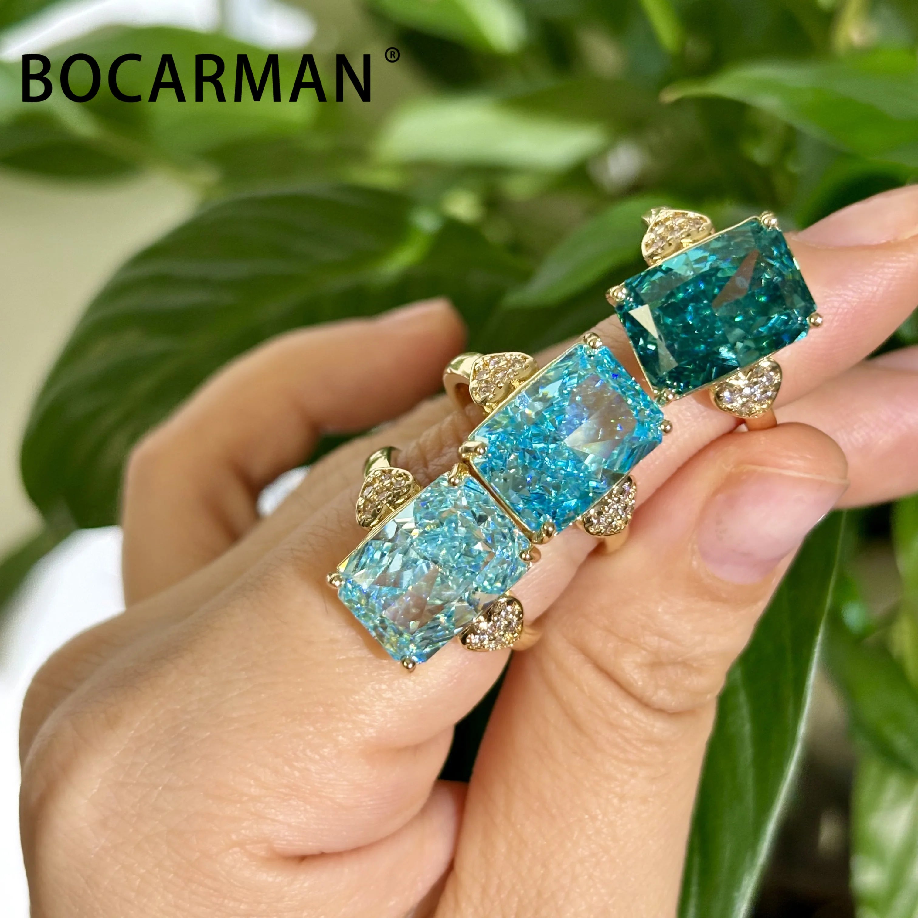 Bocarman Rectangular Ice Cut Mint Green Cubic Zirconia Copper Ring For Women Vintage Engagement Wedding Adjustable Jewelry
