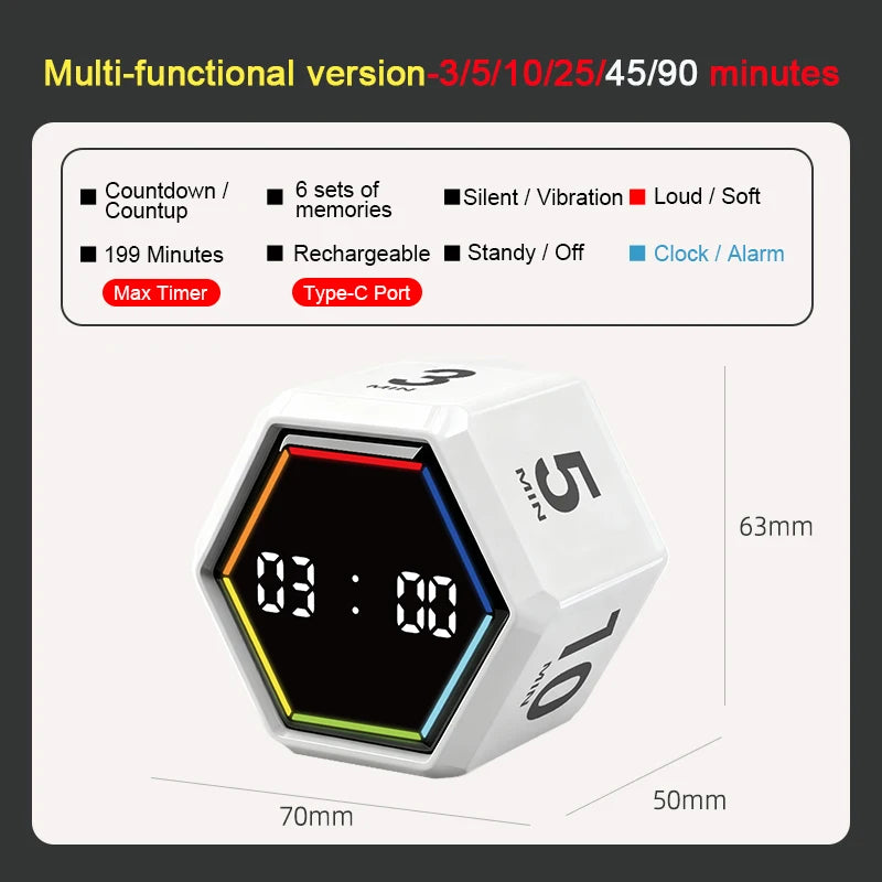 YS-1088 Productivity Flip Timer Gravity Sensor Countdown Visual Timer 6 Preset Time LED Display Cube Kitchen Timer Alarm Clock